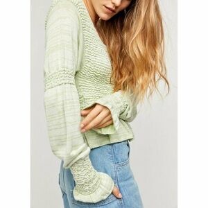 Free People Light Green Smocked Blouse